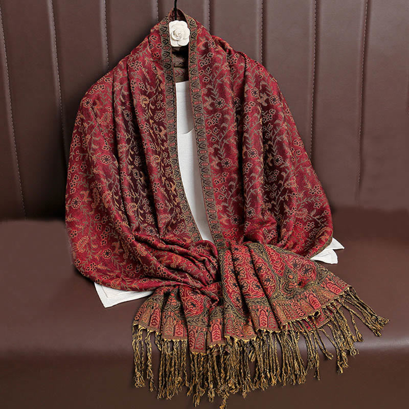 Tibetan Jacquard Paisley Flower Pattern Color Contrast Design Tassel Cozy Scarf Shawl