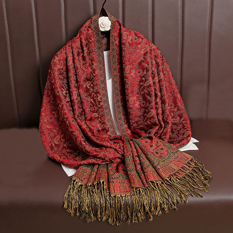 Tibetan Jacquard Paisley Flower Pattern Color Contrast Design Tassel Cozy Scarf Shawl