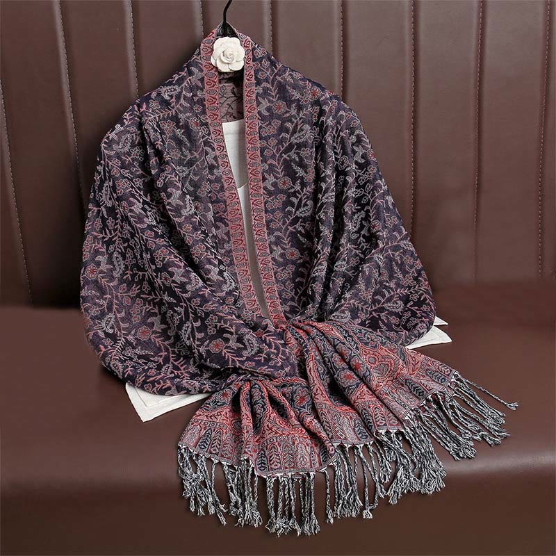 Tibetan Jacquard Paisley Flower Pattern Color Contrast Design Tassel Cozy Scarf Shawl