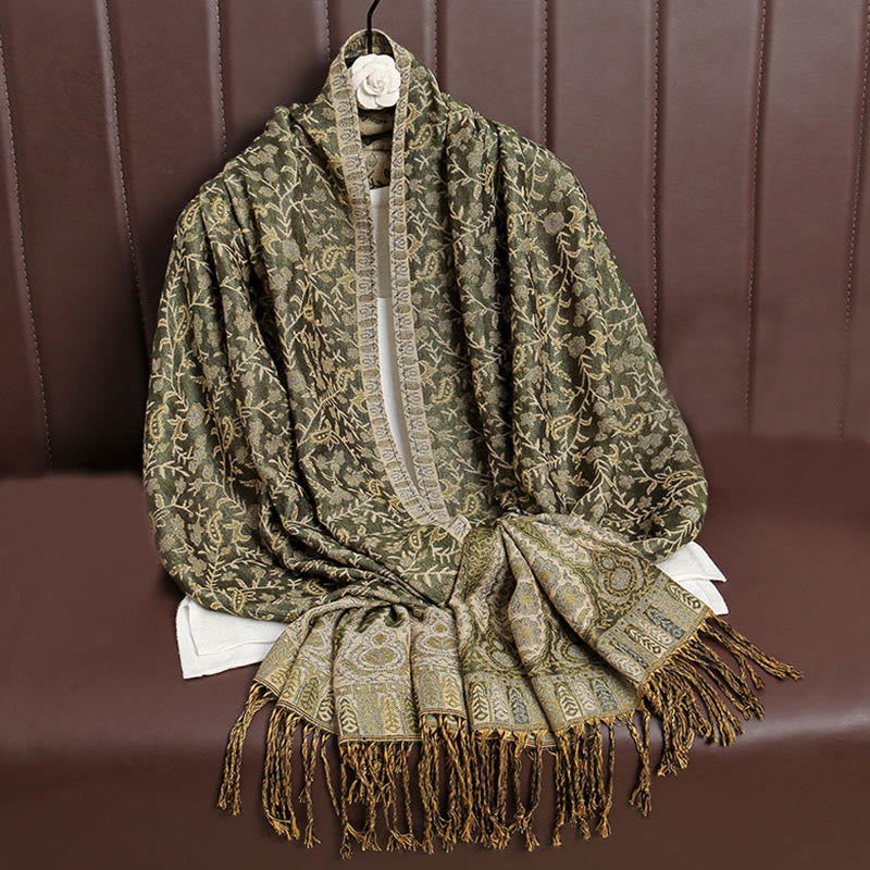 Tibetan Jacquard Paisley Flower Pattern Color Contrast Design Tassel Cozy Scarf Shawl