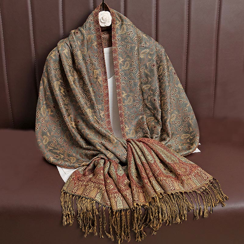 Tibetan Jacquard Paisley Flower Pattern Color Contrast Design Tassel Cozy Scarf Shawl