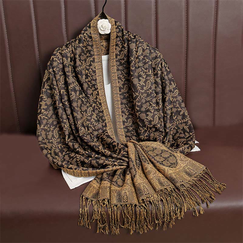Tibetan Jacquard Paisley Flower Pattern Color Contrast Design Tassel Cozy Scarf Shawl