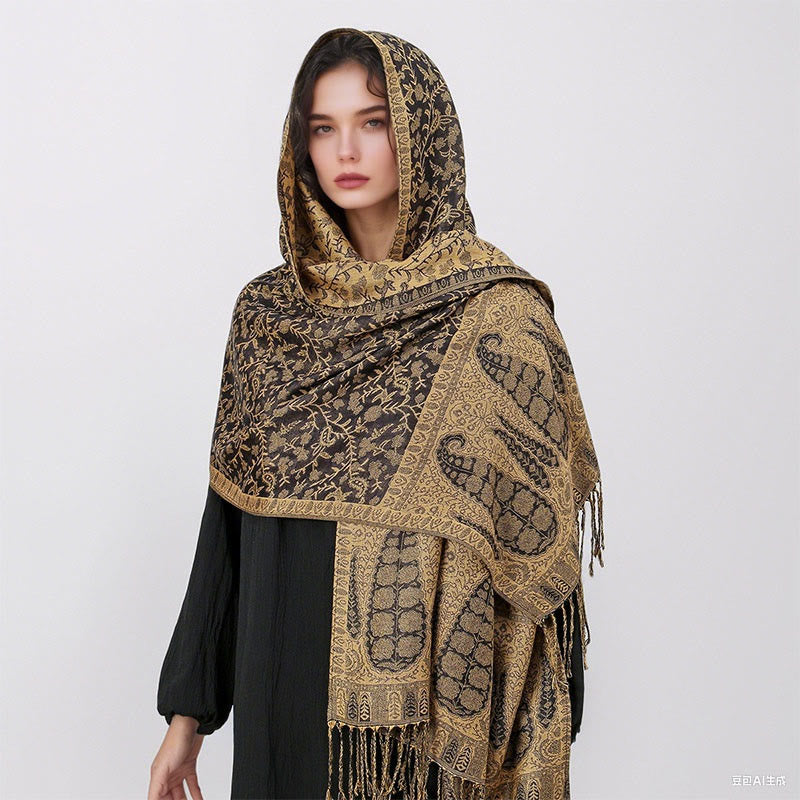 Tibetan Jacquard Paisley Flower Pattern Color Contrast Design Tassel Cozy Scarf Shawl