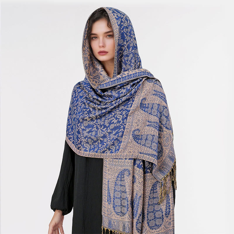 Tibetan Jacquard Paisley Flower Pattern Color Contrast Design Tassel Cozy Scarf Shawl