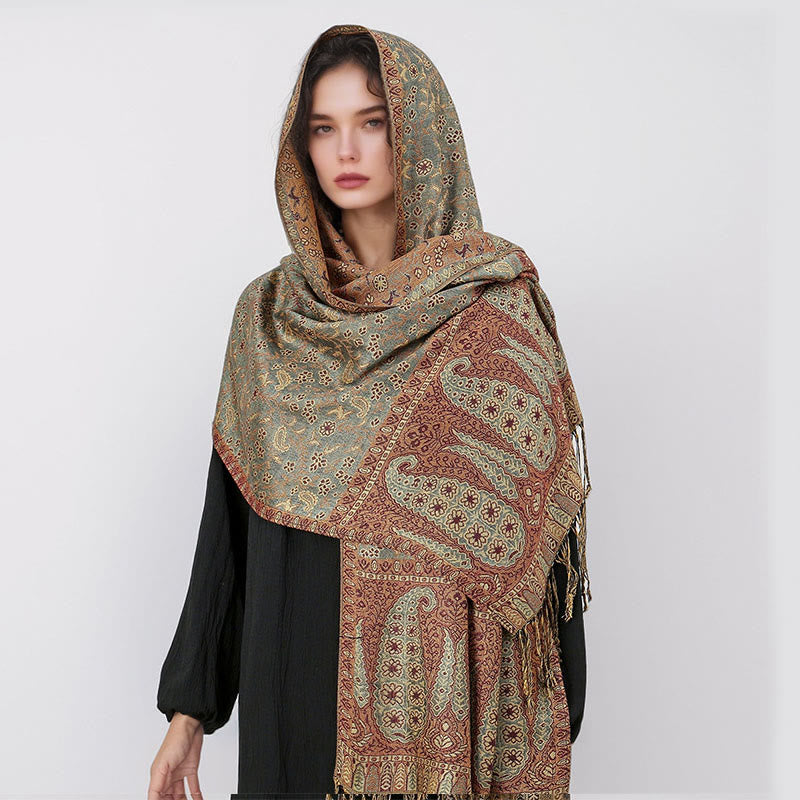 Tibetan Jacquard Paisley Flower Pattern Color Contrast Design Tassel Cozy Scarf Shawl