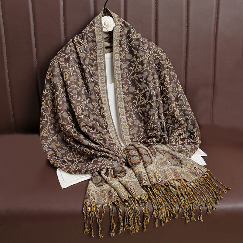 Tibetan Jacquard Paisley Flower Pattern Color Contrast Design Tassel Cozy Scarf Shawl