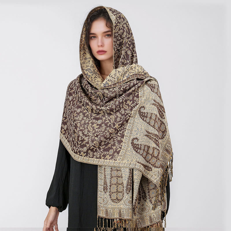 Tibetan Jacquard Paisley Flower Pattern Color Contrast Design Tassel Cozy Scarf Shawl