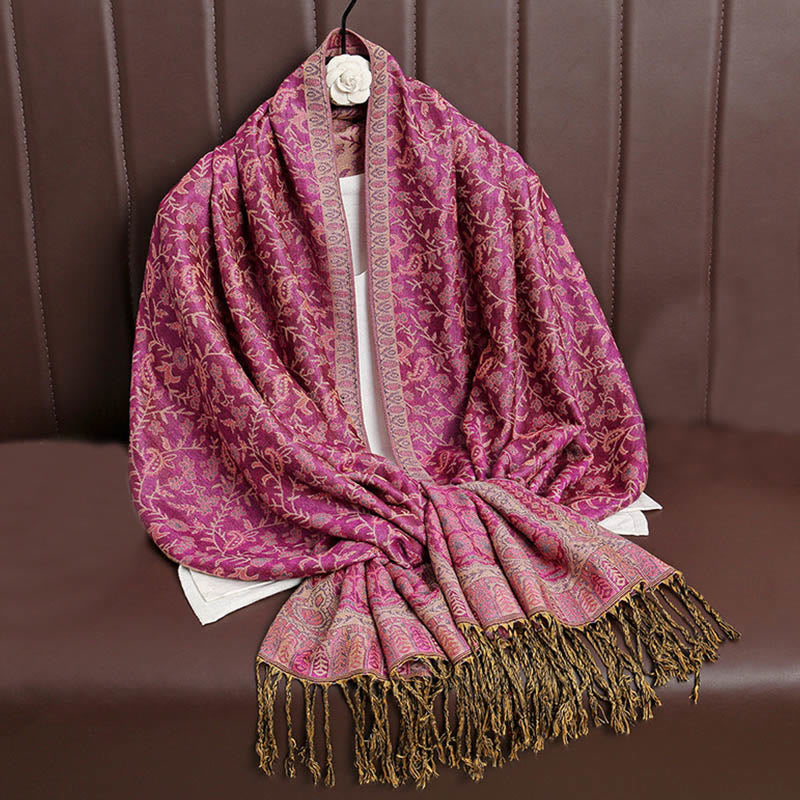 Tibetan Jacquard Paisley Flower Pattern Color Contrast Design Tassel Cozy Scarf Shawl