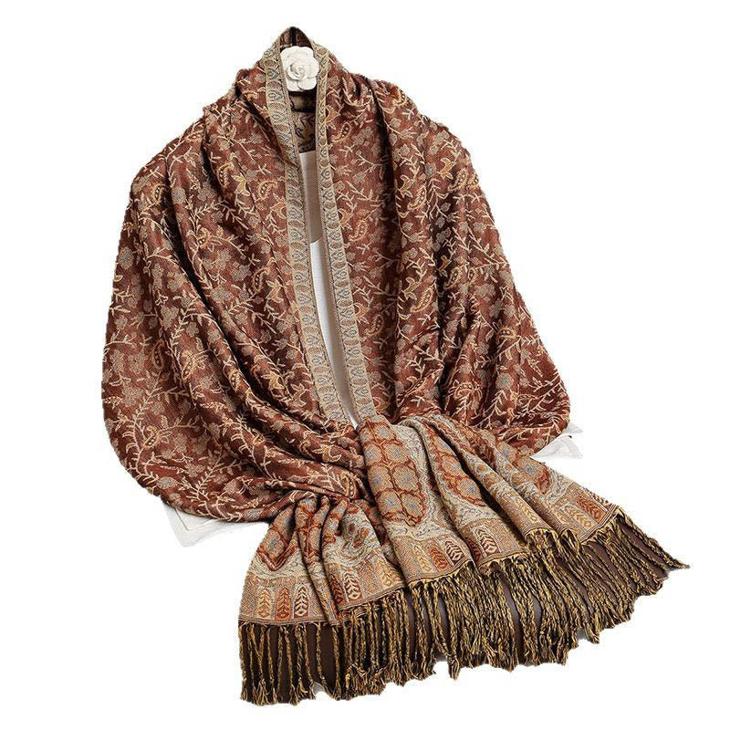 Tibetan Jacquard Paisley Flower Pattern Color Contrast Design Tassel Cozy Scarf Shawl