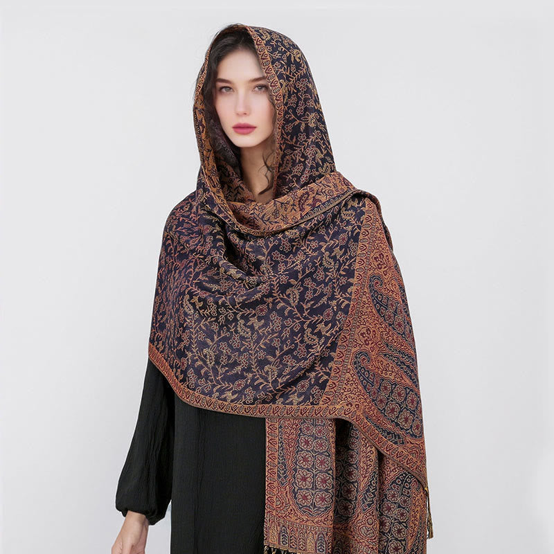 Tibetan Jacquard Paisley Flower Pattern Color Contrast Design Tassel Cozy Scarf Shawl
