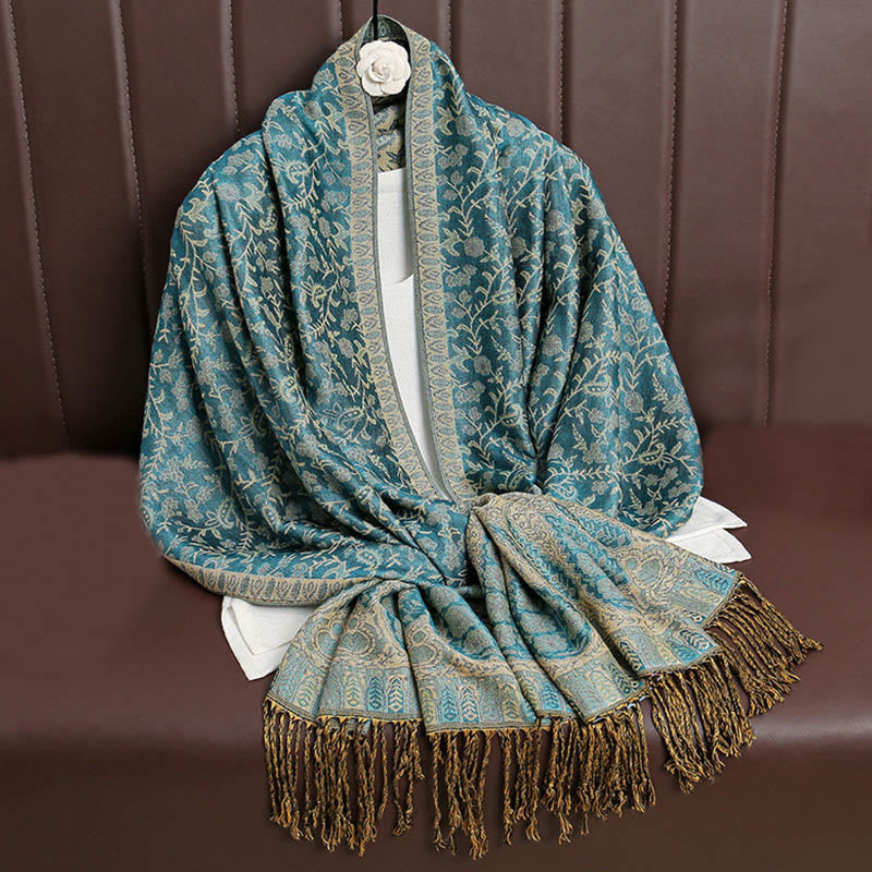 Tibetan Jacquard Paisley Flower Pattern Color Contrast Design Tassel Cozy Scarf Shawl