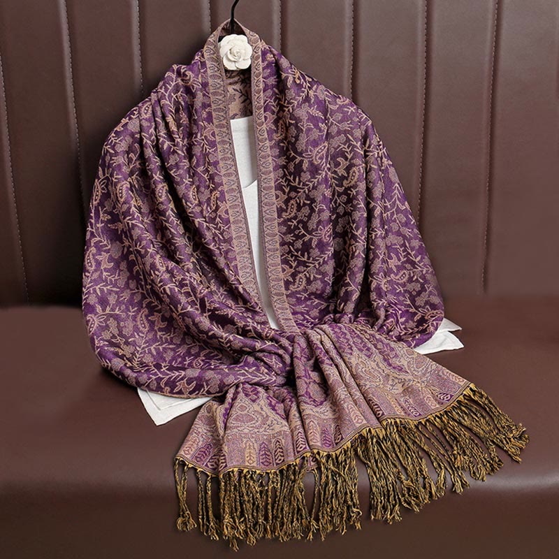 Tibetan Jacquard Paisley Flower Pattern Color Contrast Design Tassel Cozy Scarf Shawl