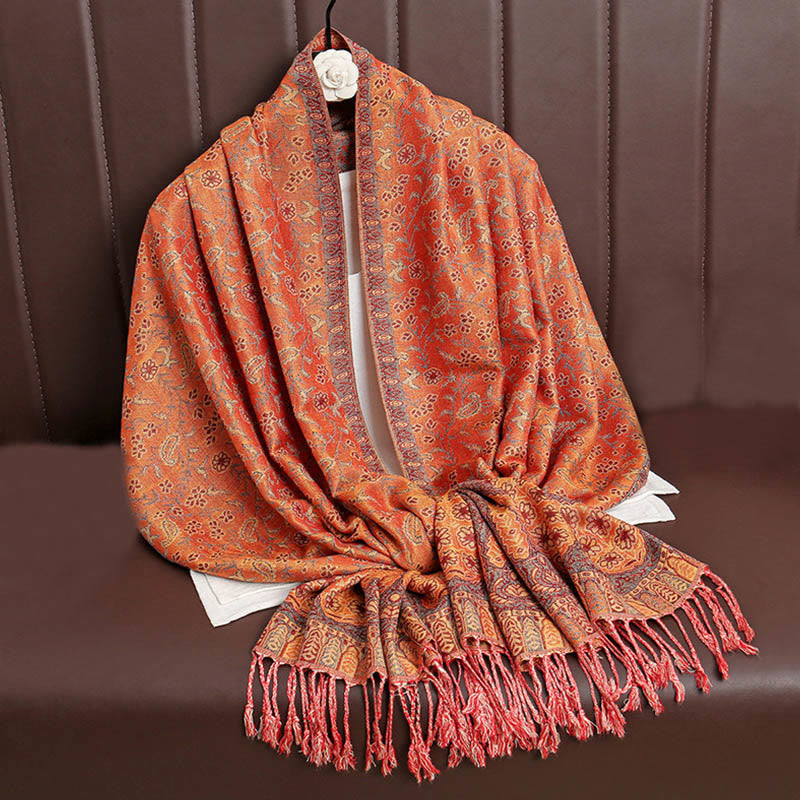 Tibetan Jacquard Paisley Flower Pattern Color Contrast Design Tassel Cozy Scarf Shawl