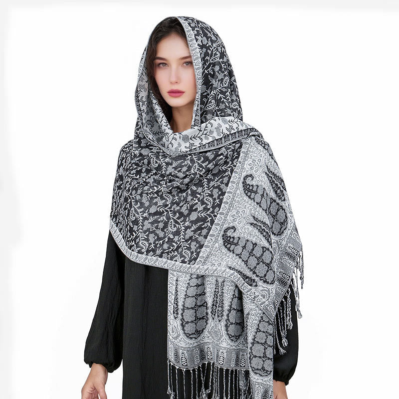 Tibetan Jacquard Paisley Flower Pattern Color Contrast Design Tassel Cozy Scarf Shawl