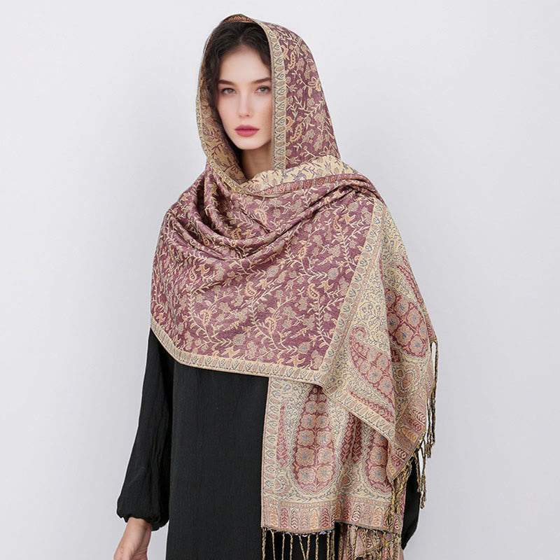 Tibetan Jacquard Paisley Flower Pattern Color Contrast Design Tassel Cozy Scarf Shawl
