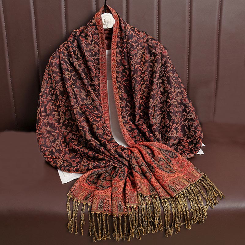 Tibetan Jacquard Paisley Flower Pattern Color Contrast Design Tassel Cozy Scarf Shawl
