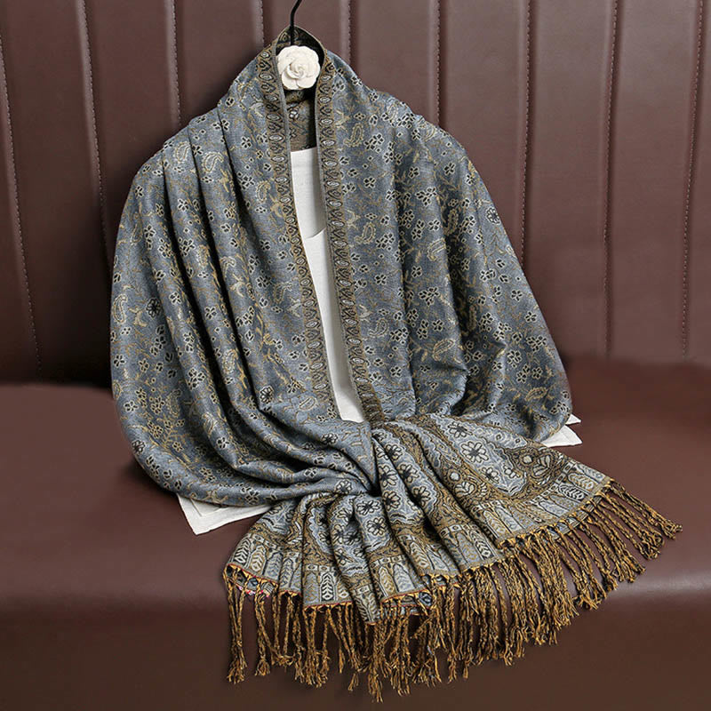 Tibetan Jacquard Paisley Flower Pattern Color Contrast Design Tassel Cozy Scarf Shawl