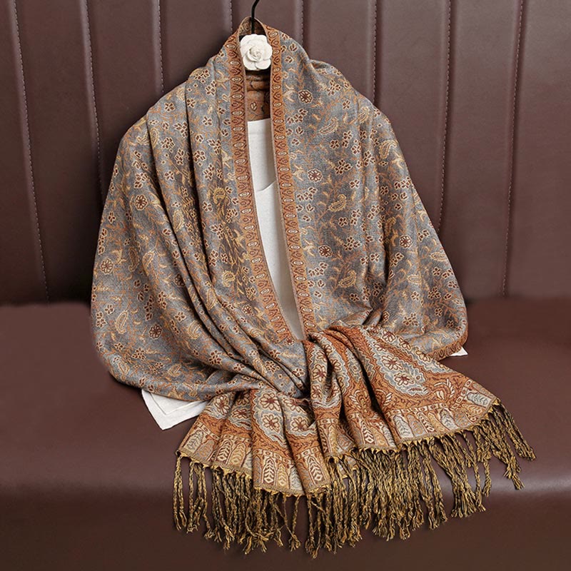 Tibetan Jacquard Paisley Flower Pattern Color Contrast Design Tassel Cozy Scarf Shawl