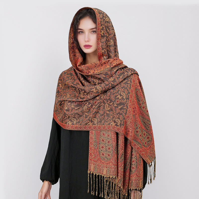 Tibetan Jacquard Paisley Flower Pattern Color Contrast Design Tassel Cozy Scarf Shawl