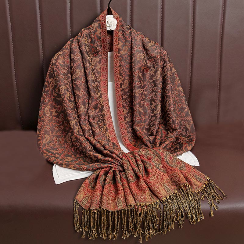 Tibetan Jacquard Paisley Flower Pattern Color Contrast Design Tassel Cozy Scarf Shawl