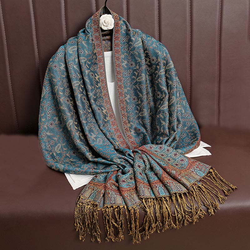 Tibetan Jacquard Paisley Flower Pattern Color Contrast Design Tassel Cozy Scarf Shawl
