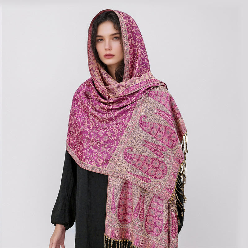 Tibetan Jacquard Paisley Flower Pattern Color Contrast Design Tassel Cozy Scarf Shawl