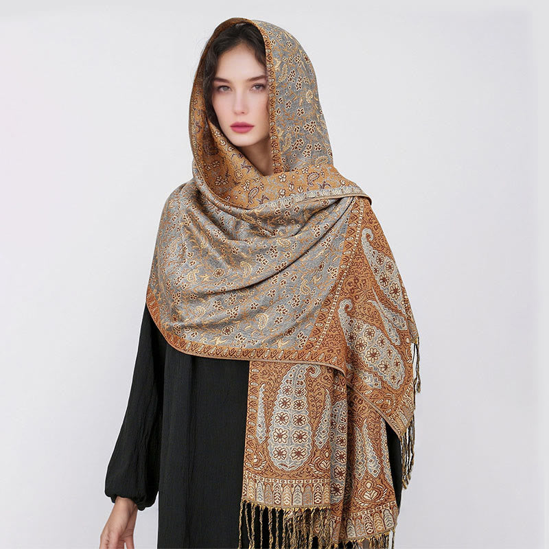 Tibetan Jacquard Paisley Flower Pattern Color Contrast Design Tassel Cozy Scarf Shawl