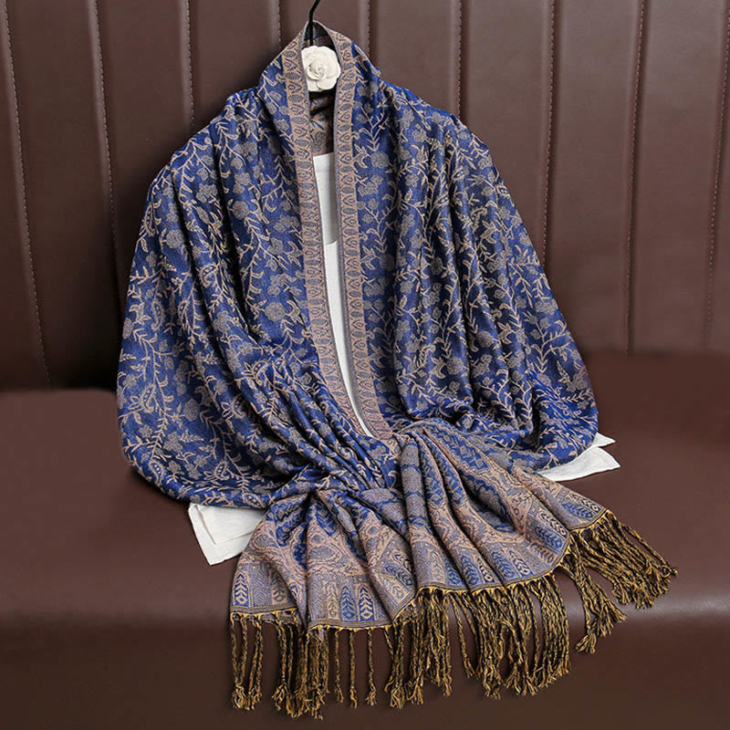 Tibetan Jacquard Paisley Flower Pattern Color Contrast Design Tassel Cozy Scarf Shawl