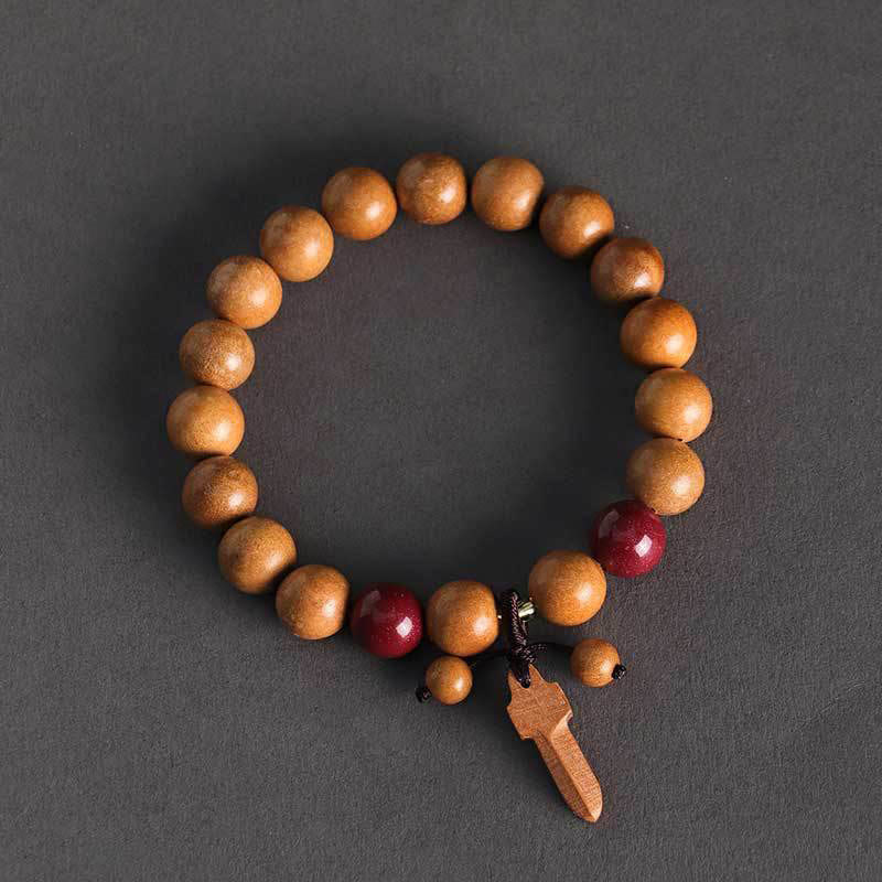 Peach Wood Beaded Bracelet with Cinnabar, Ritual Sword, Ping An Kou & Lotus Charm
