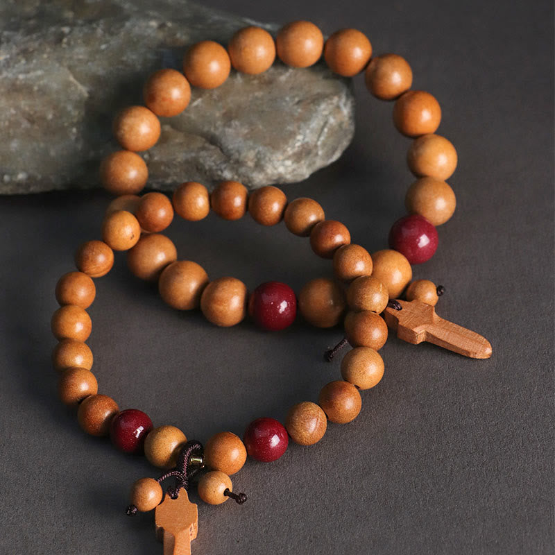 Peach Wood Beaded Bracelet with Cinnabar, Ritual Sword, Ping An Kou & Lotus Charm