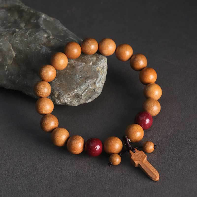 Peach Wood Beaded Bracelet with Cinnabar, Ritual Sword, Ping An Kou & Lotus Charm