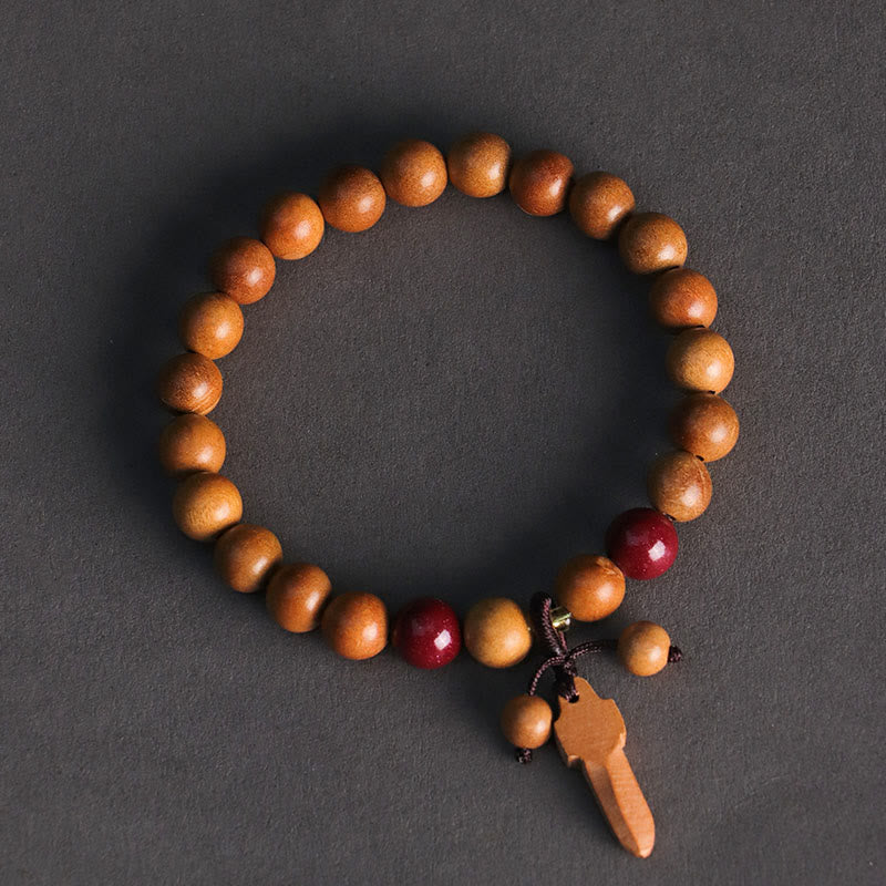 Peach Wood Beaded Bracelet with Cinnabar, Ritual Sword, Ping An Kou & Lotus Charm