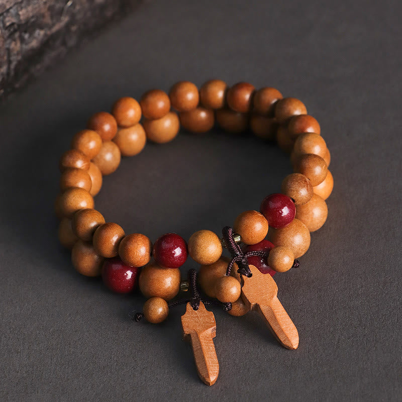 Peach Wood Beaded Bracelet with Cinnabar, Ritual Sword, Ping An Kou & Lotus Charm