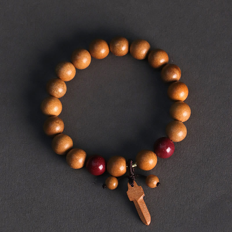 Peach Wood Beaded Bracelet with Cinnabar, Ritual Sword, Ping An Kou & Lotus Charm