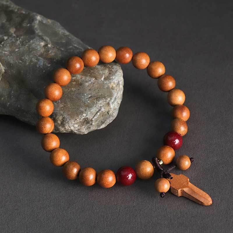 Peach Wood Beaded Bracelet with Cinnabar, Ritual Sword, Ping An Kou & Lotus Charm