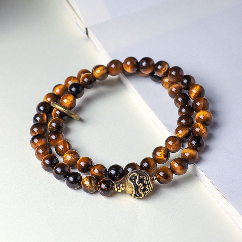 Tibetan Black Obsidian Tiger Eye Copper Double Wrap Strength Bracelet