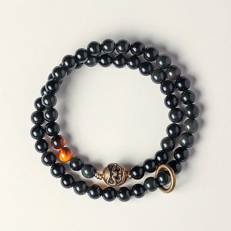 Tibetan Black Obsidian Tiger Eye Copper Double Wrap Strength Bracelet