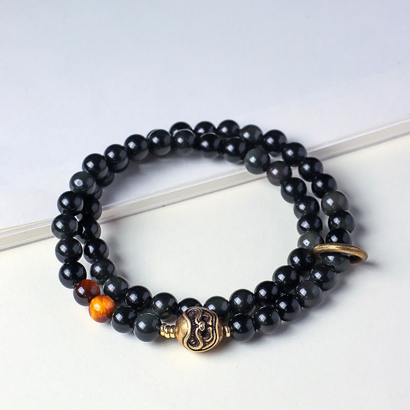 Tibetan Black Obsidian Tiger Eye Copper Double Wrap Strength Bracelet