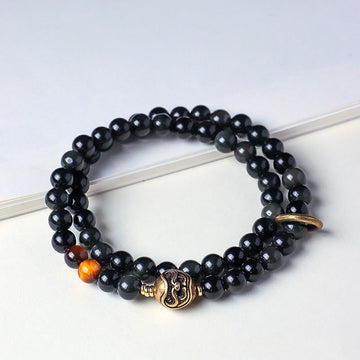 Tibetan Black Obsidian Tiger Eye Copper Double Wrap Strength Bracelet