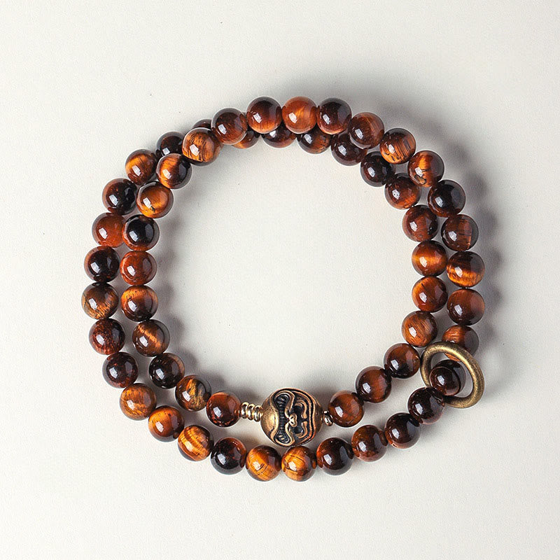 Tibetan Black Obsidian Tiger Eye Copper Double Wrap Strength Bracelet