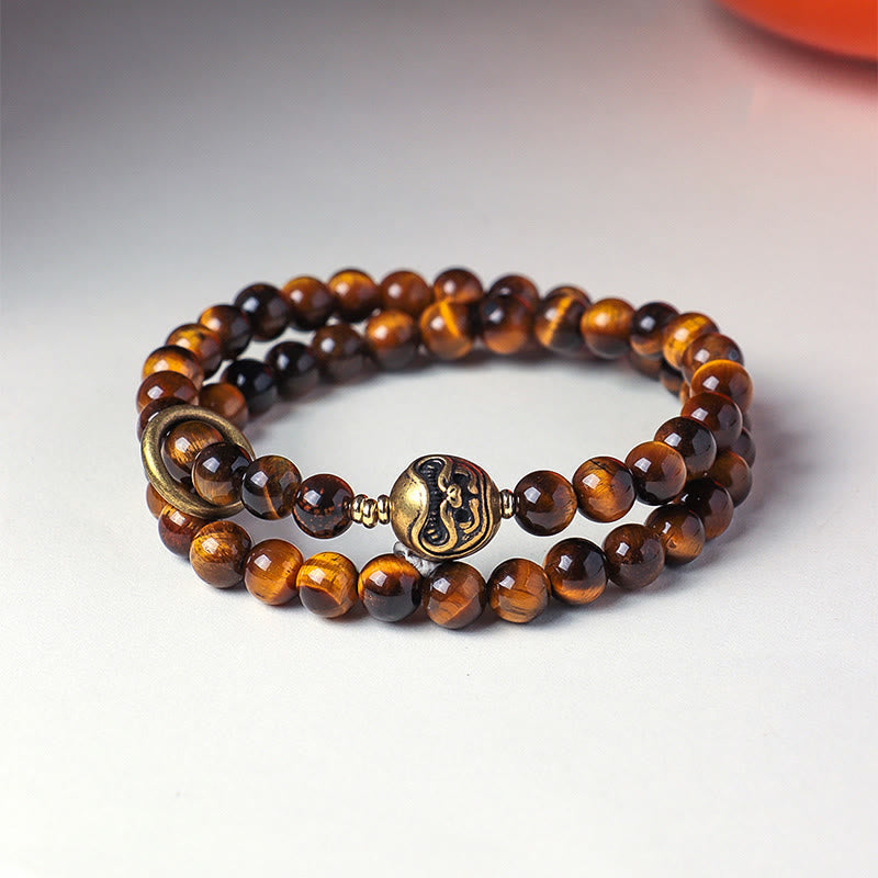 Tibetan Black Obsidian Tiger Eye Copper Double Wrap Strength Bracelet