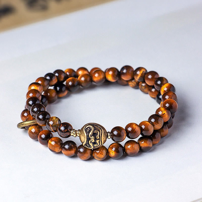 Tibetan Black Obsidian Tiger Eye Copper Double Wrap Strength Bracelet