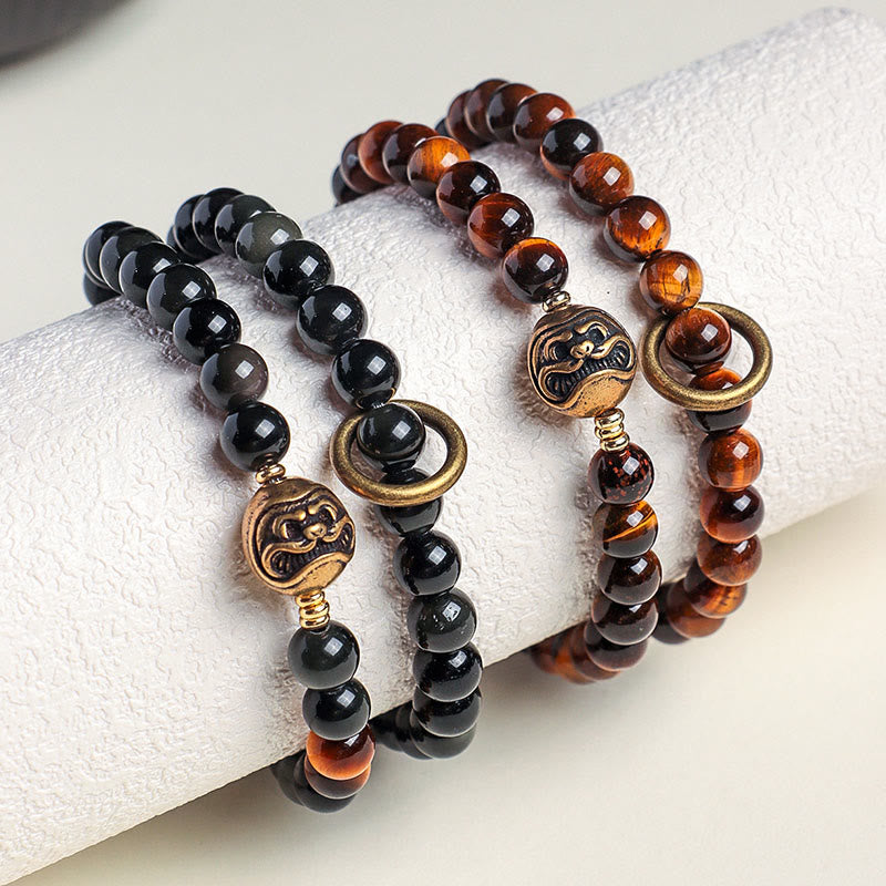 Tibetan Black Obsidian Tiger Eye Copper Double Wrap Strength Bracelet