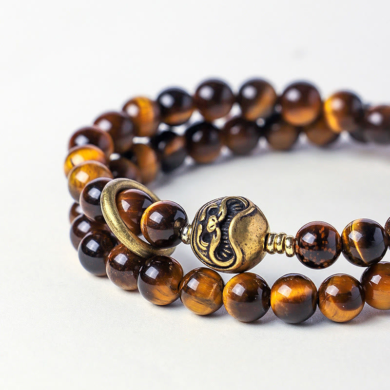 Tibetan Black Obsidian Tiger Eye Copper Double Wrap Strength Bracelet