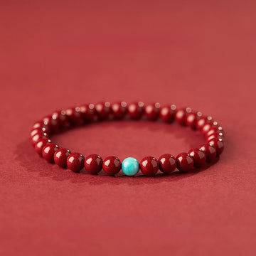 Handmade Cinnabar and Turquoise Lotus Symbol Beaded Bracelet