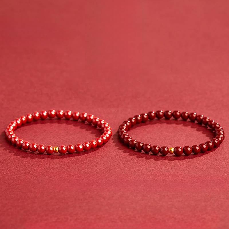 Natural Amber and Cinnabar Beaded Bracelet with Lotus Symbol