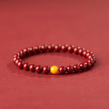 Natural Amber and Cinnabar Beaded Bracelet with Lotus Symbol