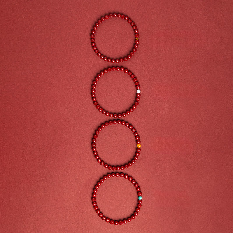 Natural Amber and Cinnabar Beaded Bracelet with Lotus Symbol