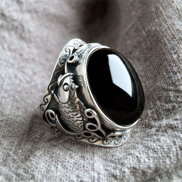 Sterling Silver and Copper Koi Fish Adjustable Ring with Black Obsidian and Yin Yang