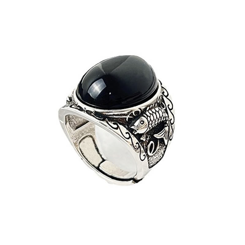 Sterling Silver and Copper Koi Fish Adjustable Ring with Black Obsidian and Yin Yang